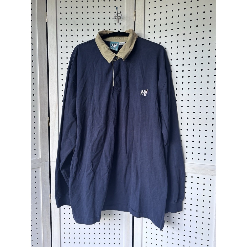 Vintage 90s Big Dogs Polo Long Sleeve Shirt Men's XL Blue Khaki Collar Cotton